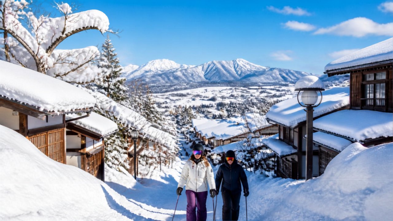 A snow-covered street of traditional buildings in the Furano valley, mountains beyond
